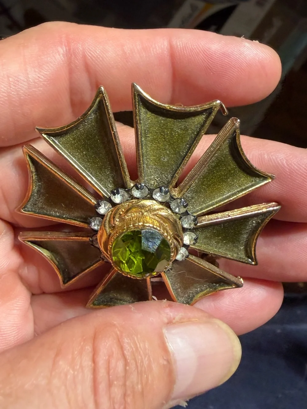 Flower Maltese Cross Green & Clear Rhinestone HAR Vintage Pin Brooch Gold Tone